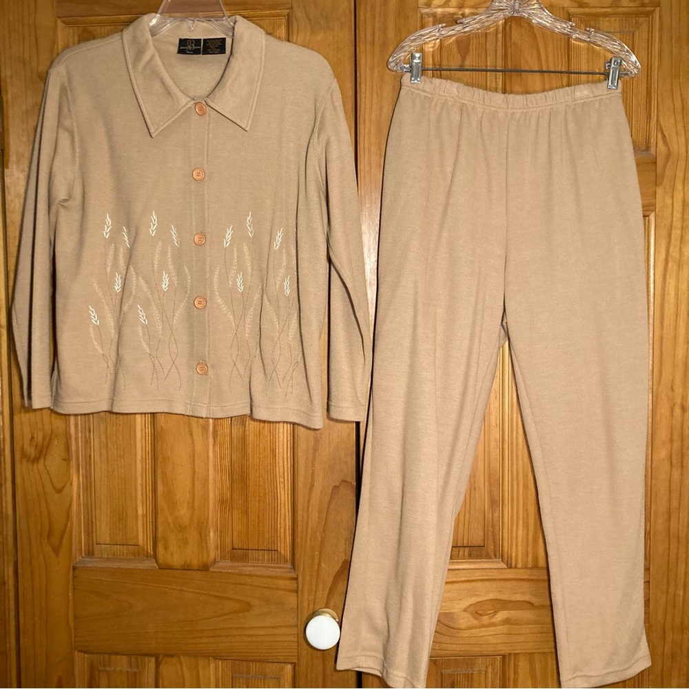 NWOT Jenny Buchanan Vintage 90s Knit Top Pull On Pants Set Tan Size LP